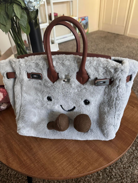 Plush Smiley Tote Bag – Furry Cute Handbag