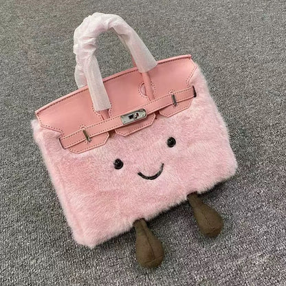 Plush Smiley Tote Bag – Furry Cute Handbag
